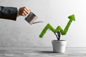 Hand of woman watering small plant in pot shaped like growing graph