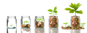 Jars filled with coins with plants growing out of them